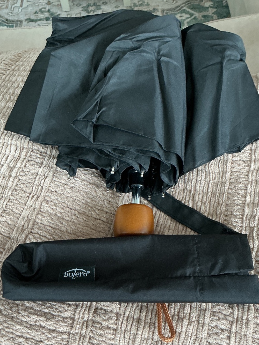 Black Compact Umbrella with Wooden Handle
